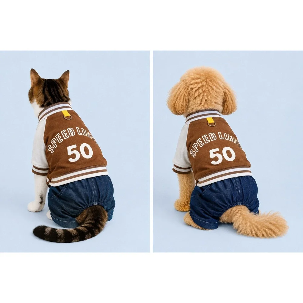Pet Varsity Jacket Jumpsuit Speed Limit 50 Brown Denim Dog Cat XL